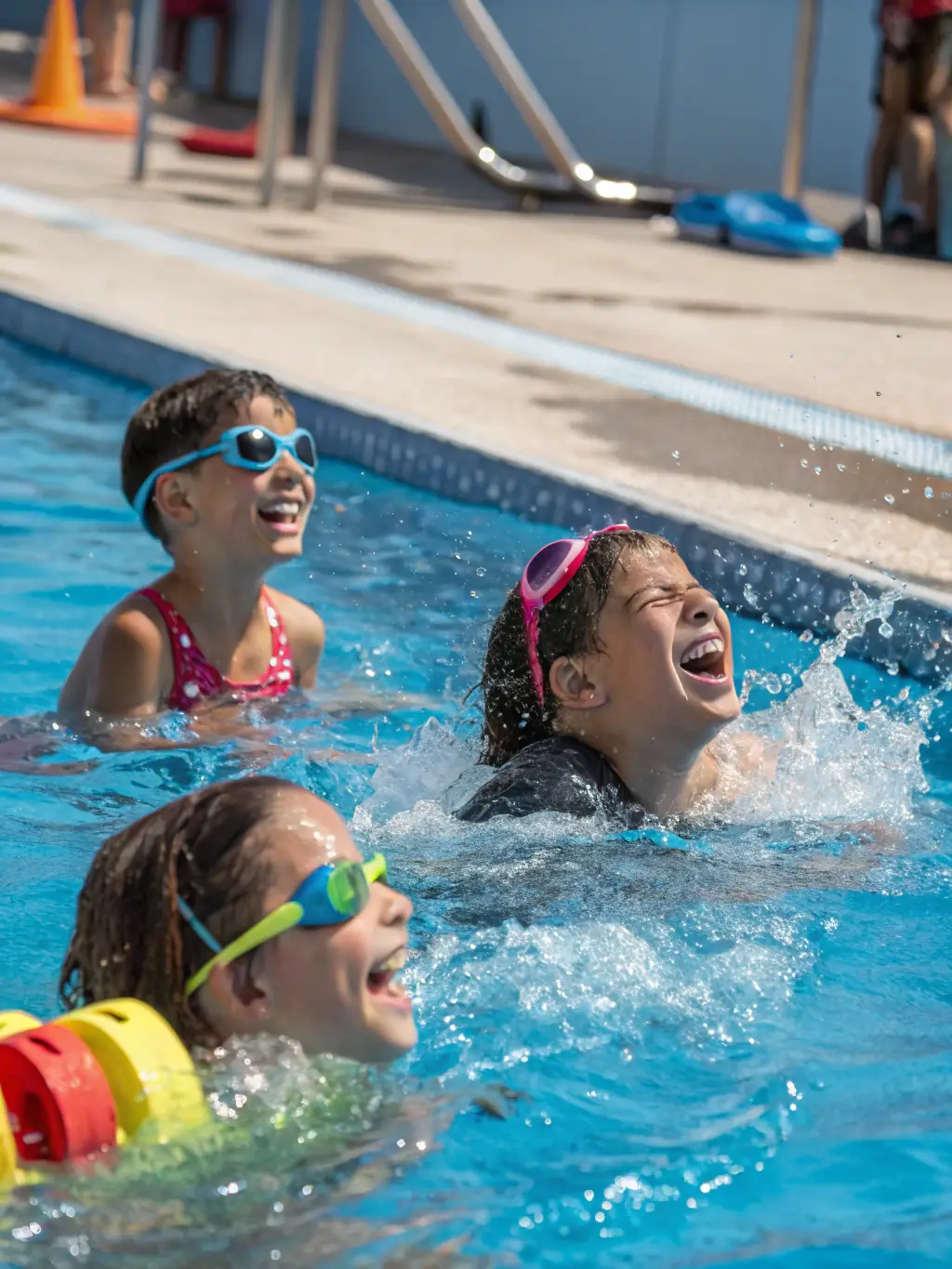 A vibrant image of children enjoying a swimming lesson in the ASSOCIATION PLAISANCE LOISIRS seasonal pool, showcasing the fun and engaging atmosphere of the program.